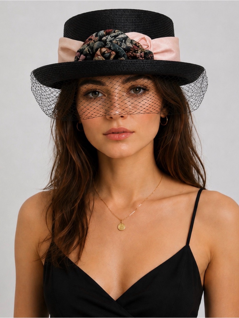Vintage Whittall & Shon Black Straw Boater Hat Veil Floral Ribbon Black 22.5”